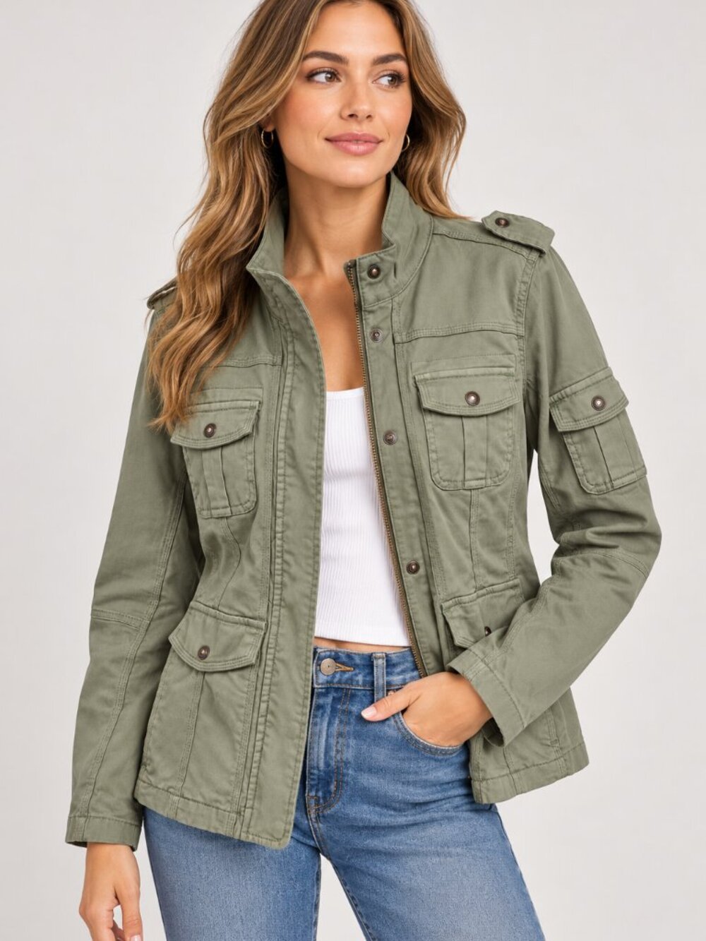 Kensie Jeans Women’s Large Sage Green Utility Military Jacket Cotton Stretch